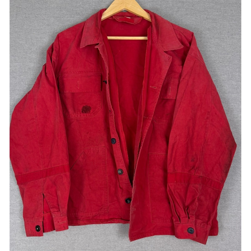 Vintage French Chore Coat Red Cotton Twill Workwear Jacket Fits XL Distressed
